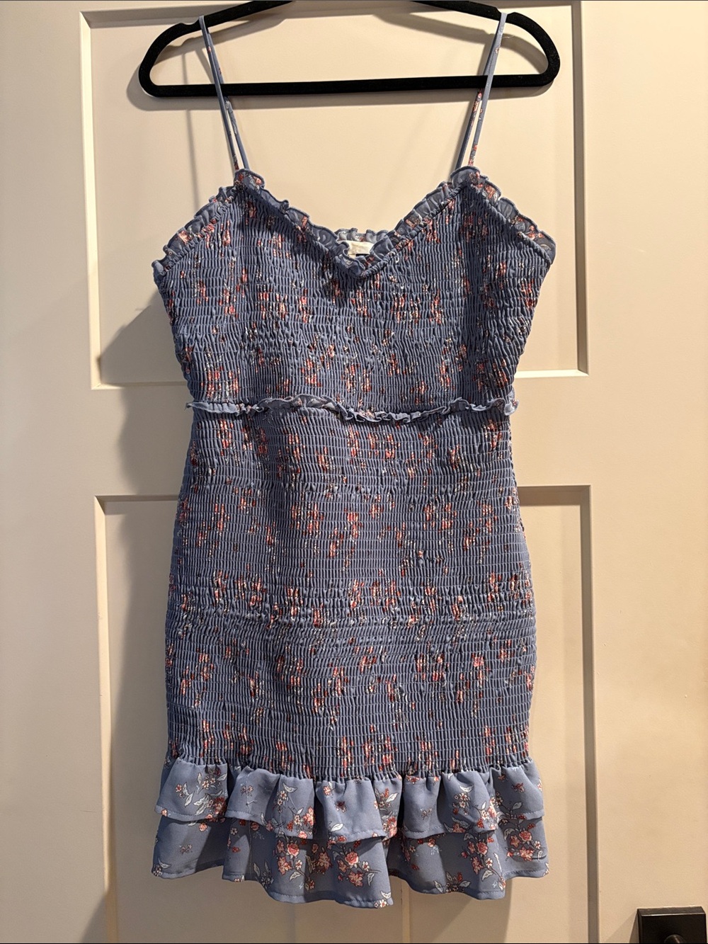 Periwinkle Floral Smocked Ruffle Mini Dress - Cloud Sky-  Size L - Cottagecore
